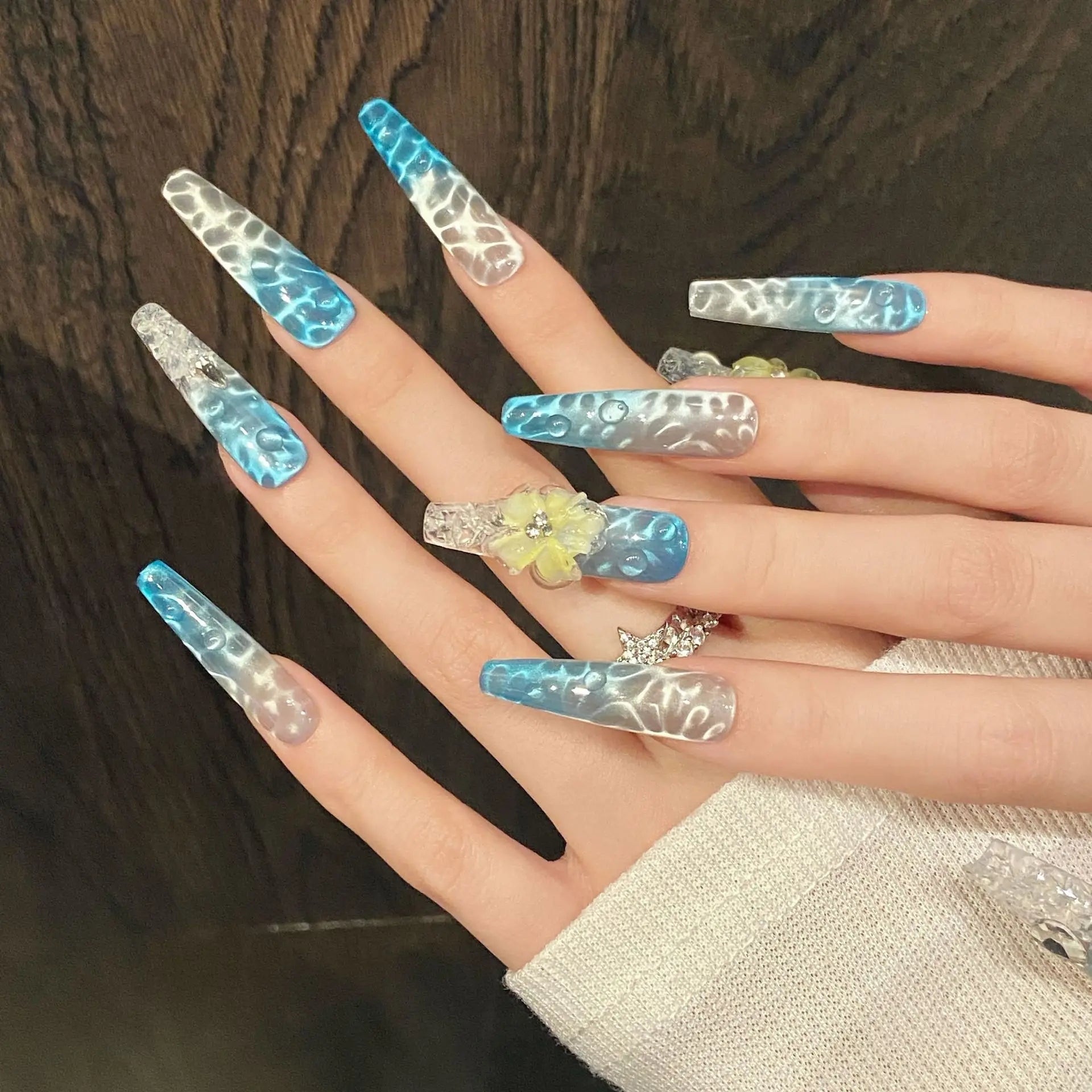 10pcs Handmade Mint Green Press on Nails 3D Yellow Flower Decor Fake Nails Wearable Glitter Gradient Cat Eye False Nail Tips Peaceful Pleasures Health and Wellness