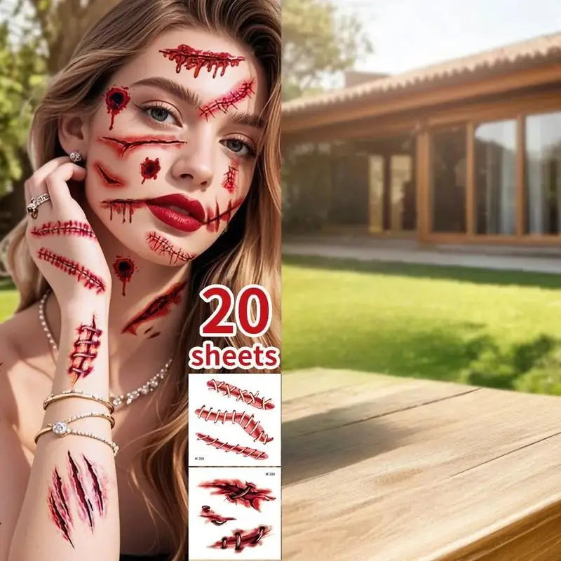 20 Sheets 3D Realistic Scar Tattoos - Waterproof Fake Bloody Wound Stickers For Halloween Cosplay Face & Body Makeup Adults Peaceful Pleasures Health and Wellness