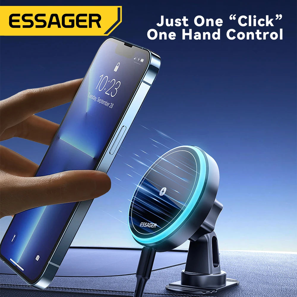 Essager Magnetic Wireless Charger Car Phone Holder 15W RGB Seven Color Light Fast Charging Mount Stand For IPhone15 14 13Android Peaceful Pleasures Health and Wellness