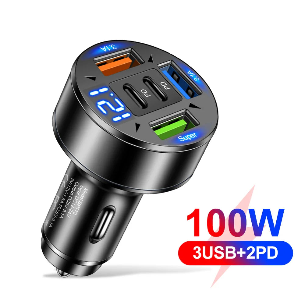 100W 5-Port Car Charger PD QC3.0 USB-C Fast Charging