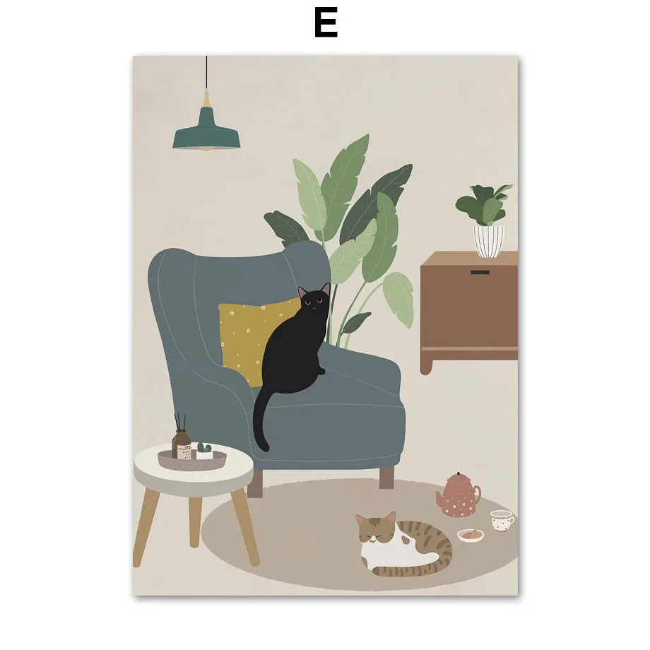 Boho Cat Canvas Wall Art | Cute Kitten Plant Neutral Print