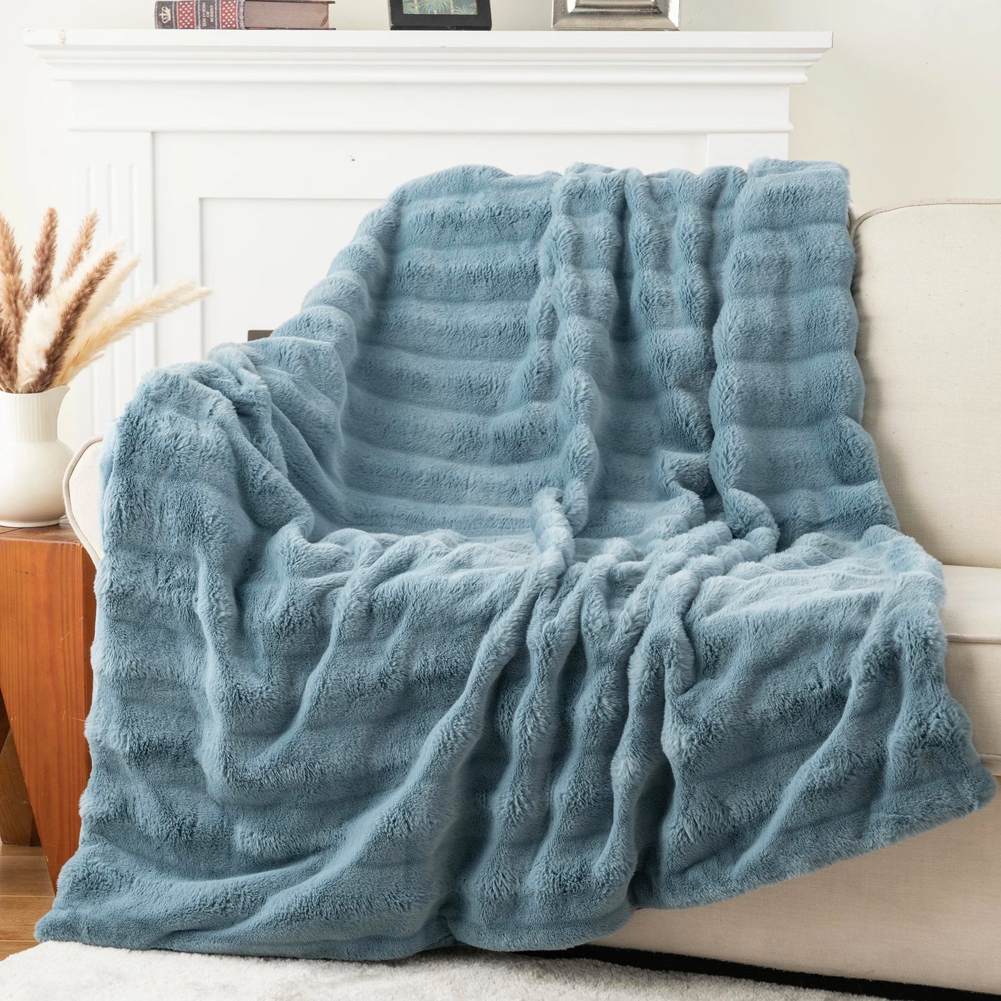 Battilo Faux Fur Throw Blanket ,Faux Rabbit Fur Blanket ,Fluffy Plush Thick Blankets for Bed Sofa,Soft Cozy Fuzzy Mink Blanket Peaceful Pleasures Health and Wellness Bluish Grey 127x152cm