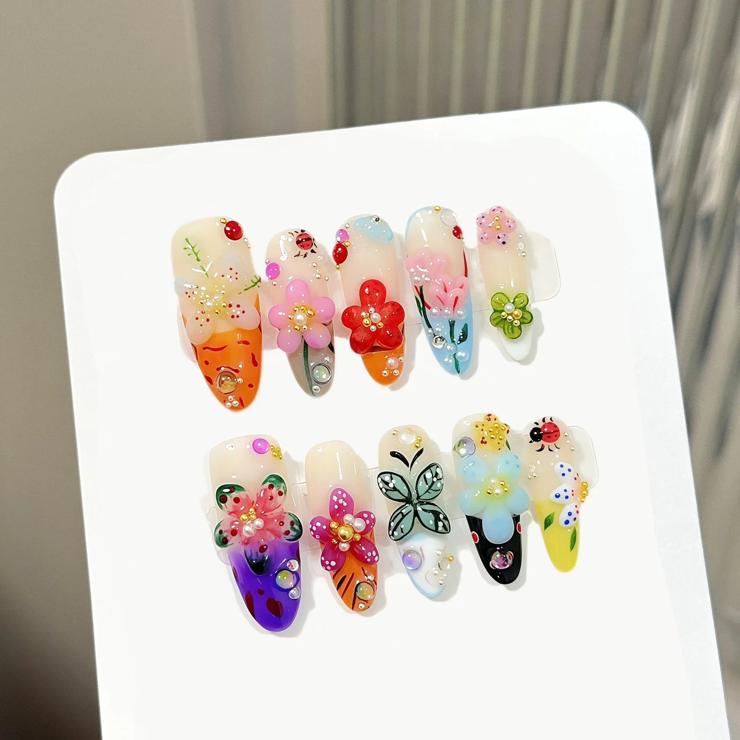 3D Floral Butterfly Press On Nails – Handmade Set of 10