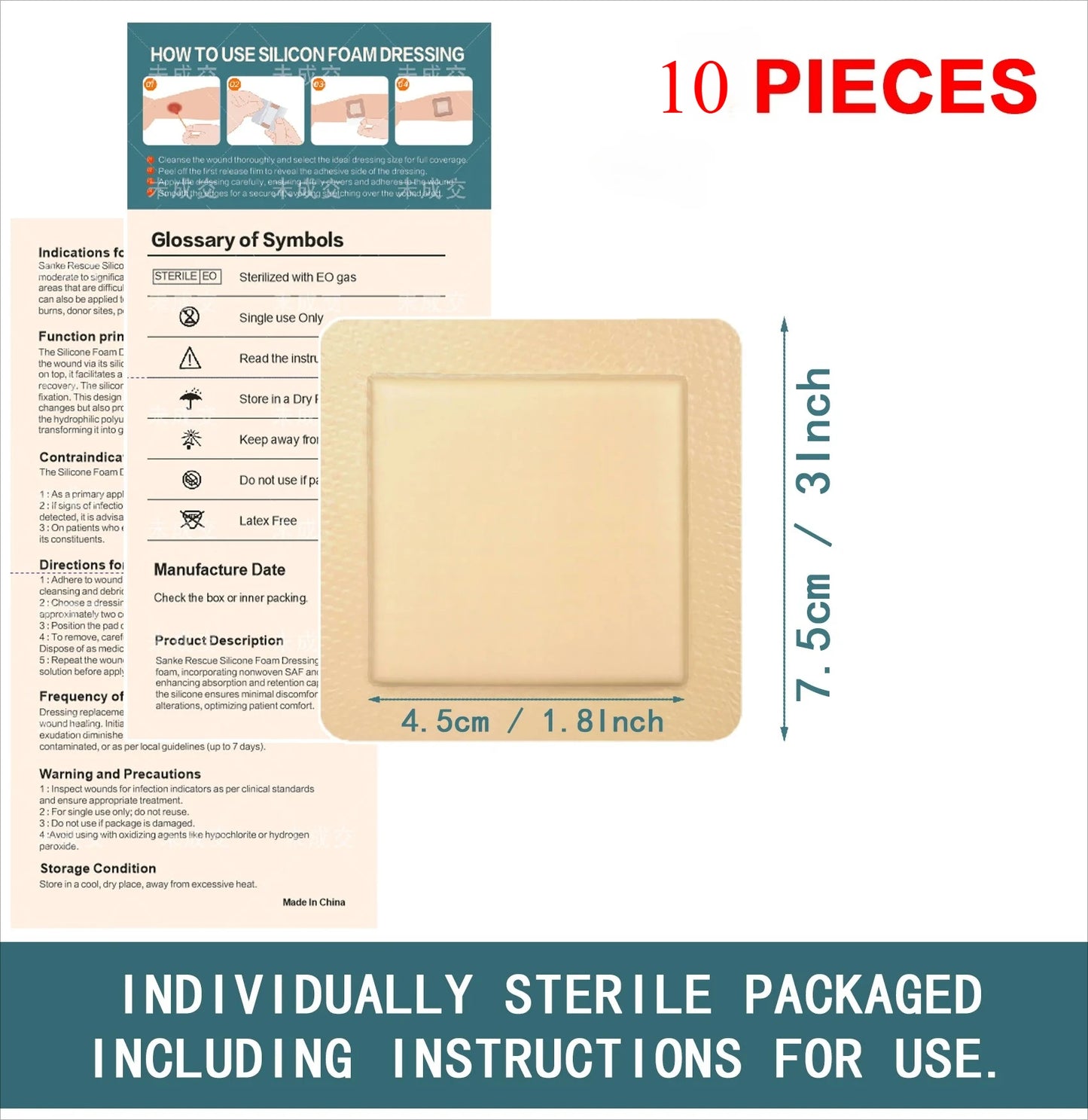 Silicone Foam Dressing with Border, 10 Pack Waterproof Wound Care Bandage, High Absorbent Pad for Bed Sores Peaceful Pleasures Health and Wellness 10PCS 7.5X7.5cm