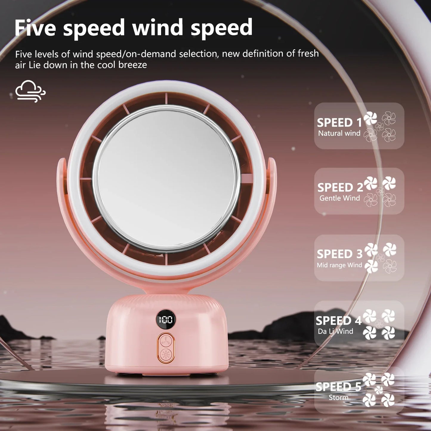 Cosmetic Mirror Bladeless Fan with LED Light – Portable Rechargeable