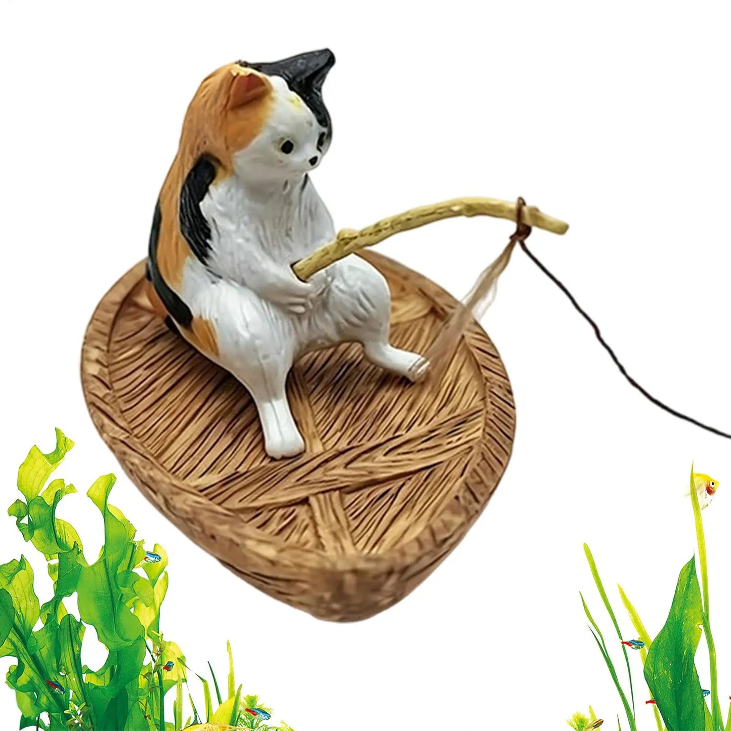 Resin Cat Fishing Boat Aquarium Ornament | Fish Tank & Pond