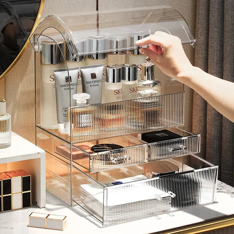 Large Clear Acrylic Makeup Organizer Box with Lid & Drawers