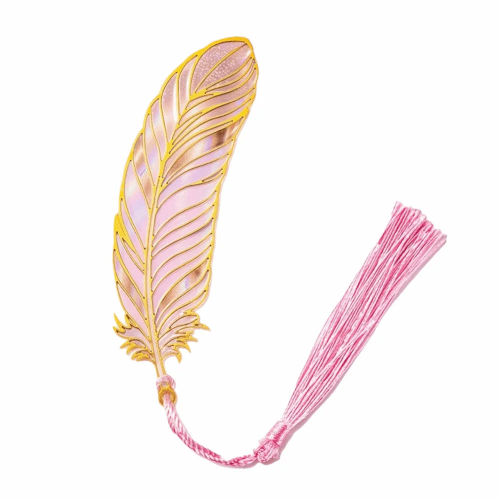 Vintage Metal Bookmark Creative Feather Shape Peacock Feather Bookmark Sturdy with Chain Pendant Hollow Out Bookmark Peaceful Pleasures Health and Wellness Pink