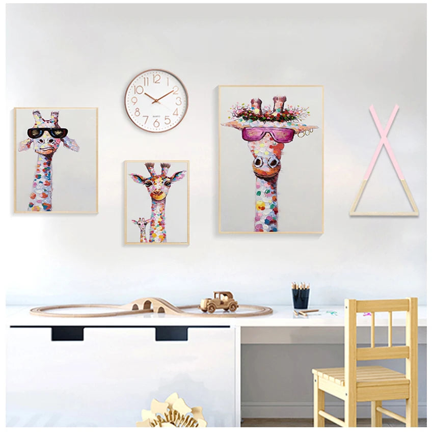 Colorful Giraffe Family Canvas Wall Art Poster | Kids Room Decor