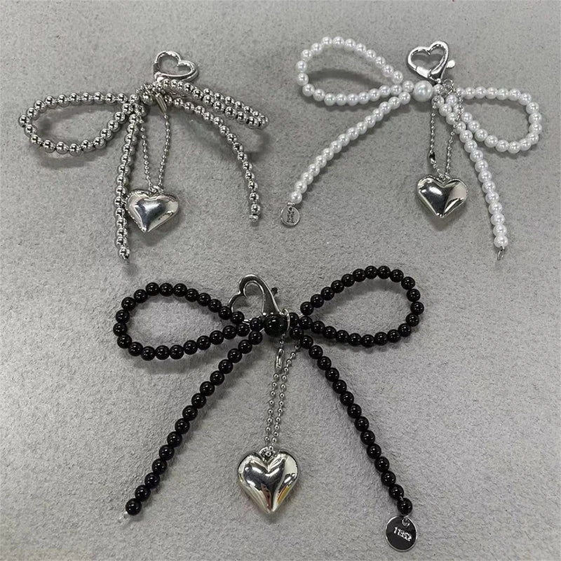 Handmade Pearl Bow Heart Keychain – Beaded Bag & Phone Charm