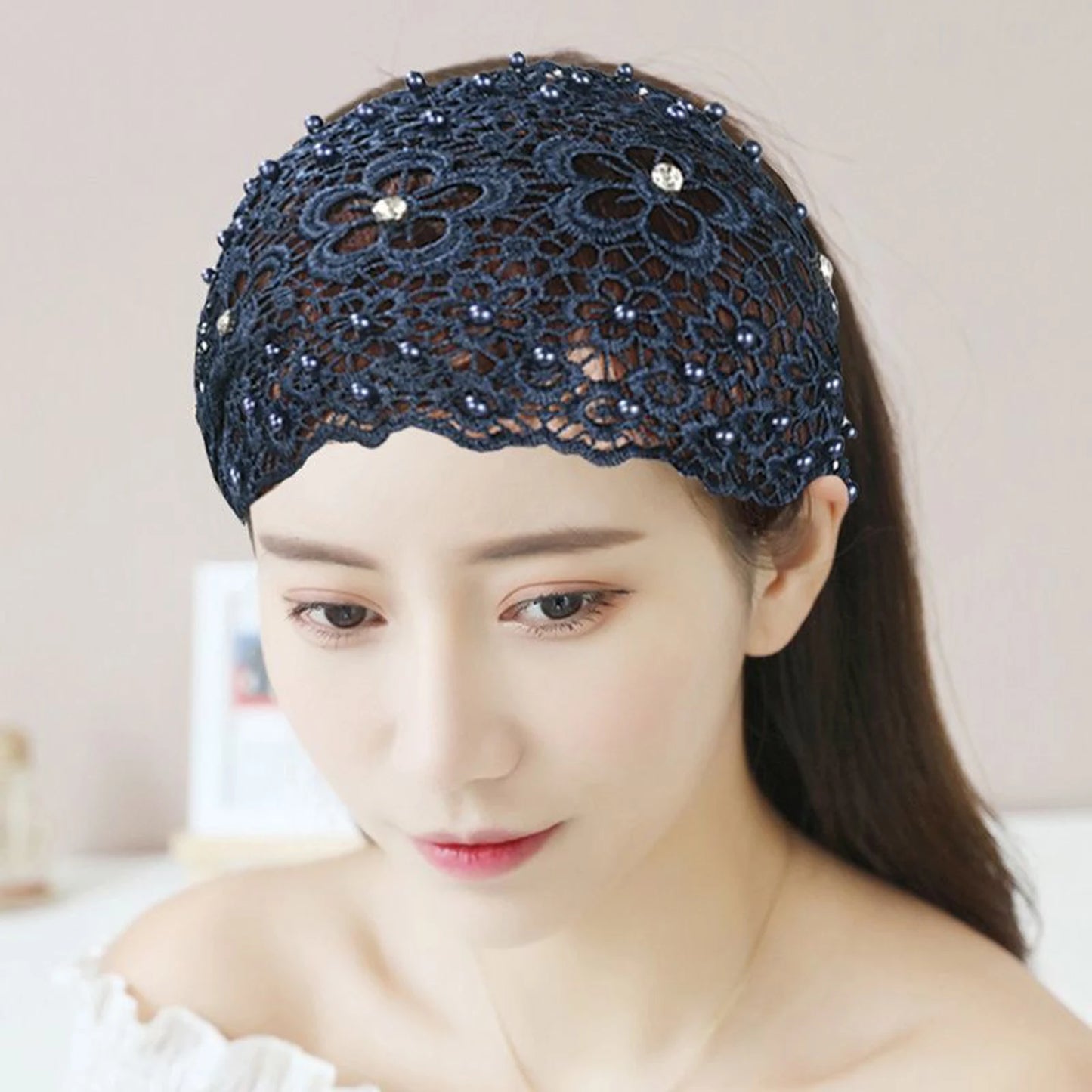Women's Hollow Floral Rhinestone Wide Headband | Faux Pearl