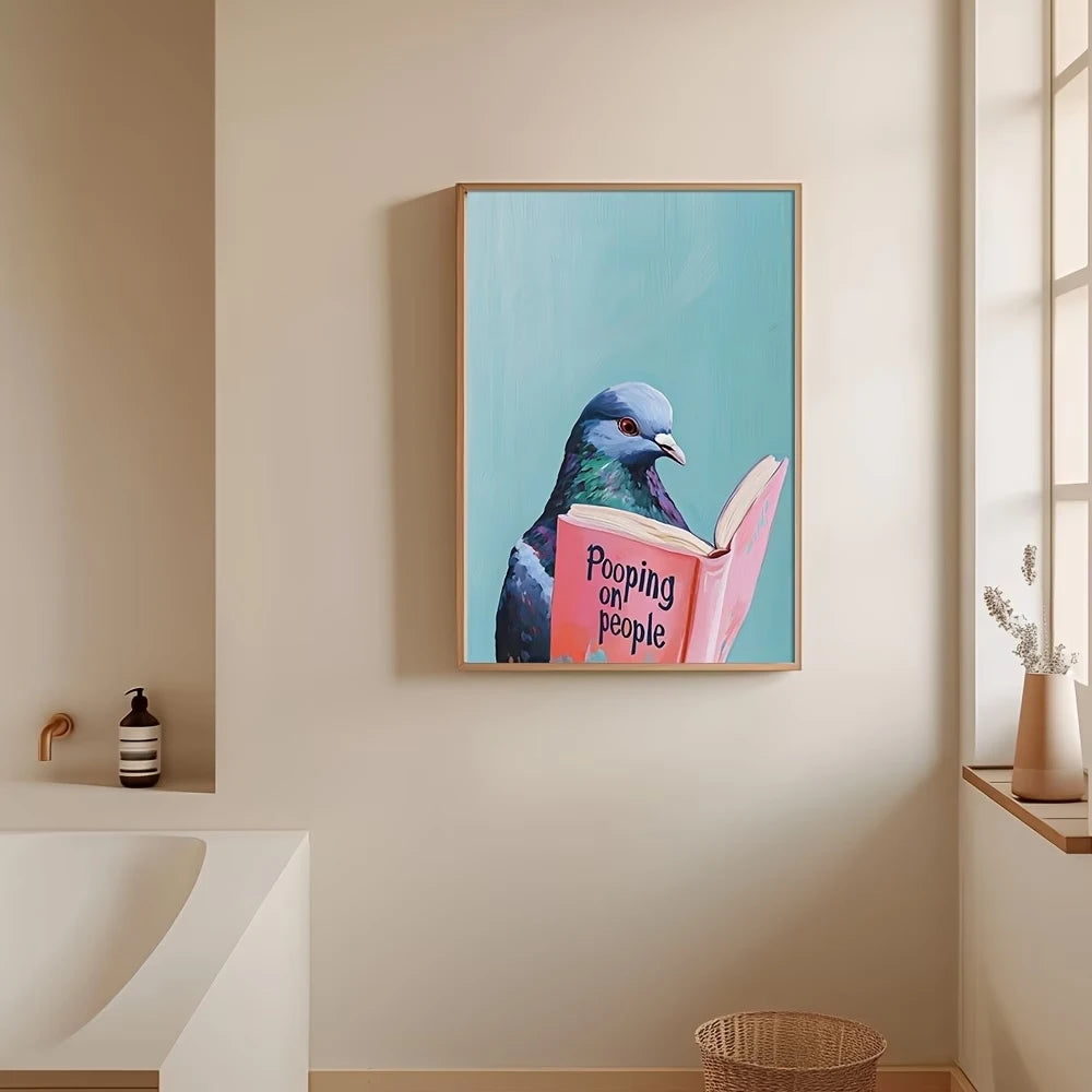Modern Pigeon Reading Pooping On People Book Wall Art Print Canvas Painting Poster Picture For Living Room,Bedroom Home Decor Peaceful Pleasures Health and Wellness