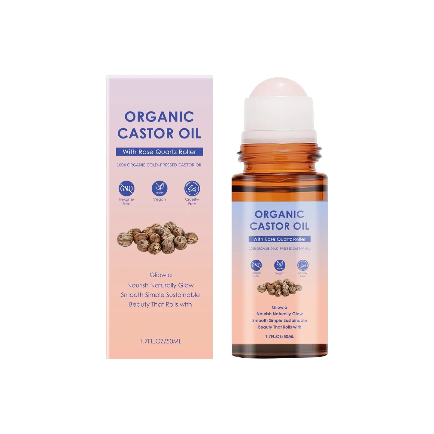 Organic Castor Oil Rose Quartz Roller Ball Moisturizing Skin Barrier Deep Repair Soothing Skin Cold-Pressed Natural Castor Oil Peaceful Pleasures Health and Wellness 50ml Boxed
