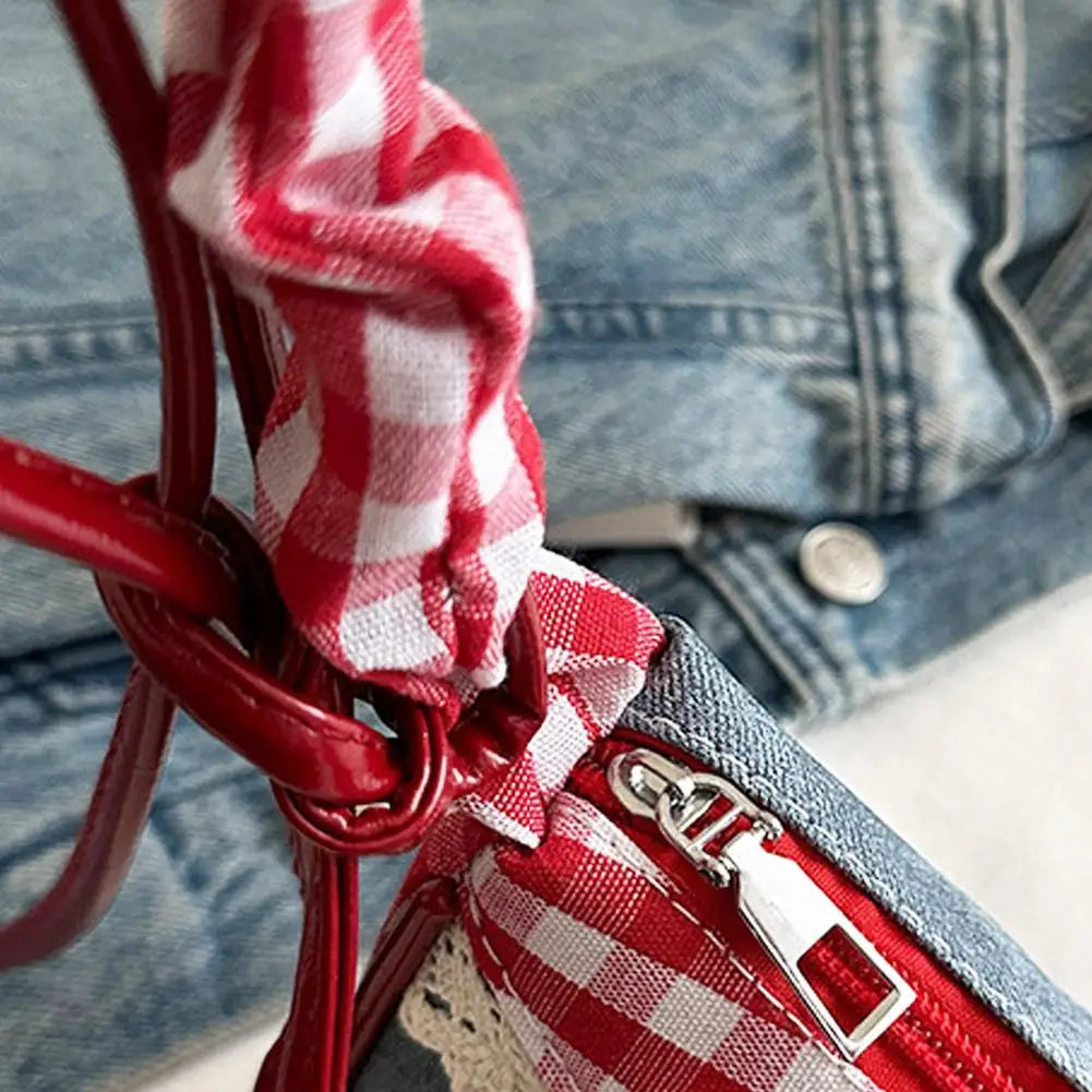 Y2K Checkered Lace Bowknot Shoulder Bag – Cute Crossbody Purse