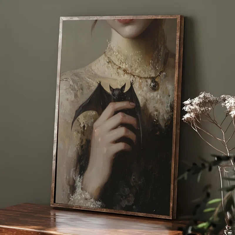 Unframed Vintage Dark Gothic Bat Poster, Girl Holding A Bat Canvas Painting, Canvas Wall arts, Artwork Wall Painting Home Decor Peaceful Pleasures Health and Wellness
