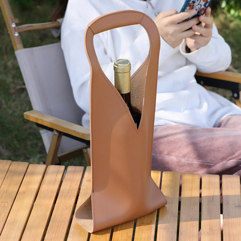 Reusable Leather Wine Gift Bag | Double Layer Bottle Tote Wine Gift Bag Peaceful Pleasures Health and Wellness Khaki