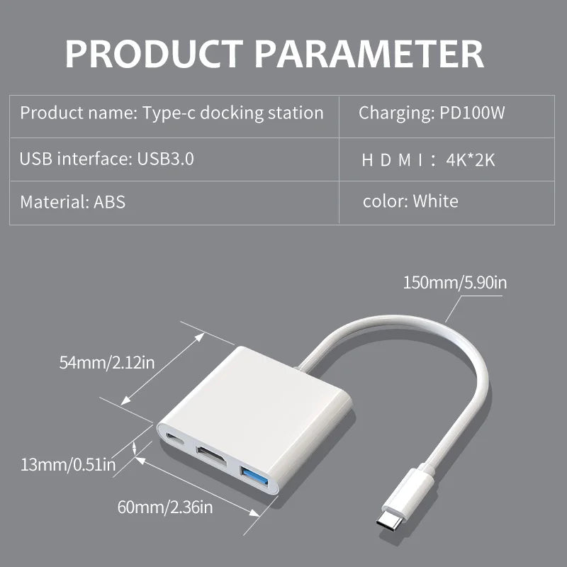 3-in-1 USB-C Hub | 4K HDMI, USB 3.0 & 100W PD Charging