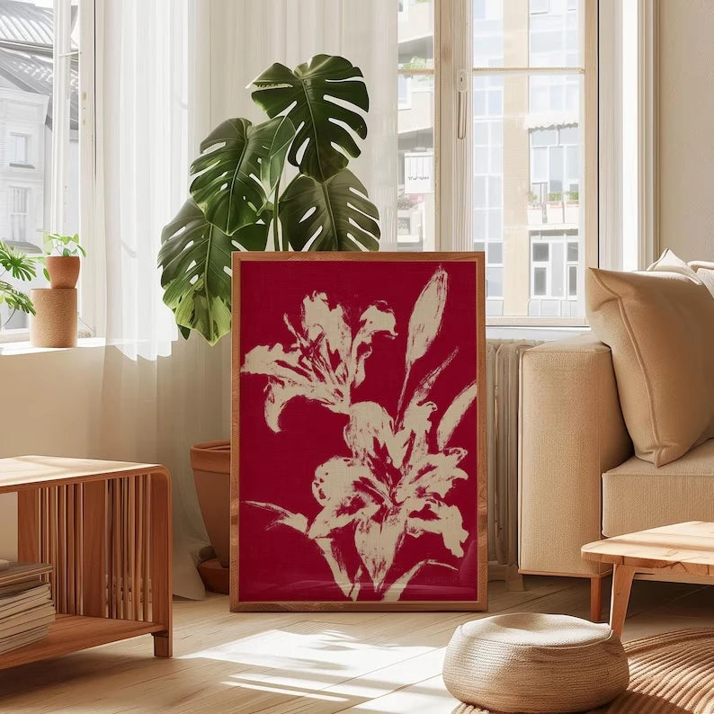 Retro Red Lily Floral Canvas Wall Art Print | Home Decor