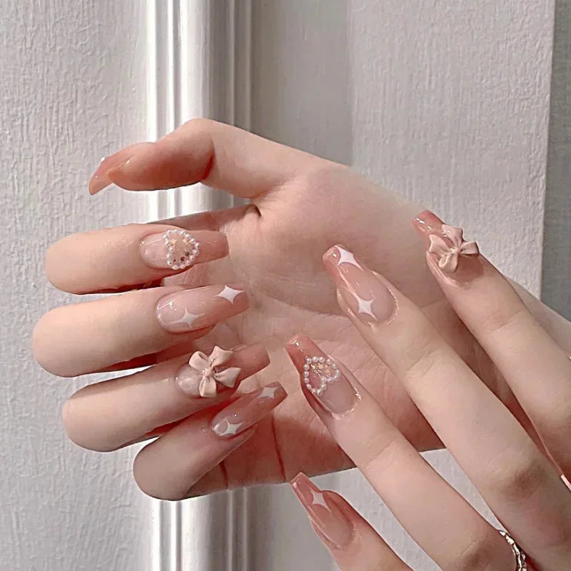 Pink Fake Nails Press on Nail Designs Art Long Tips False Forms with Glue Stick Stickers Reusable Set Acrylic Artificial Peaceful Pleasures Health and Wellness