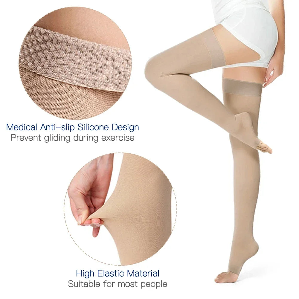1Pair Open Toe Thigh High Compression Stockings with Silicone Band for Women Men,20-30 mmHg Graduated Support for Varicose Veins Peaceful Pleasures Health and Wellness
