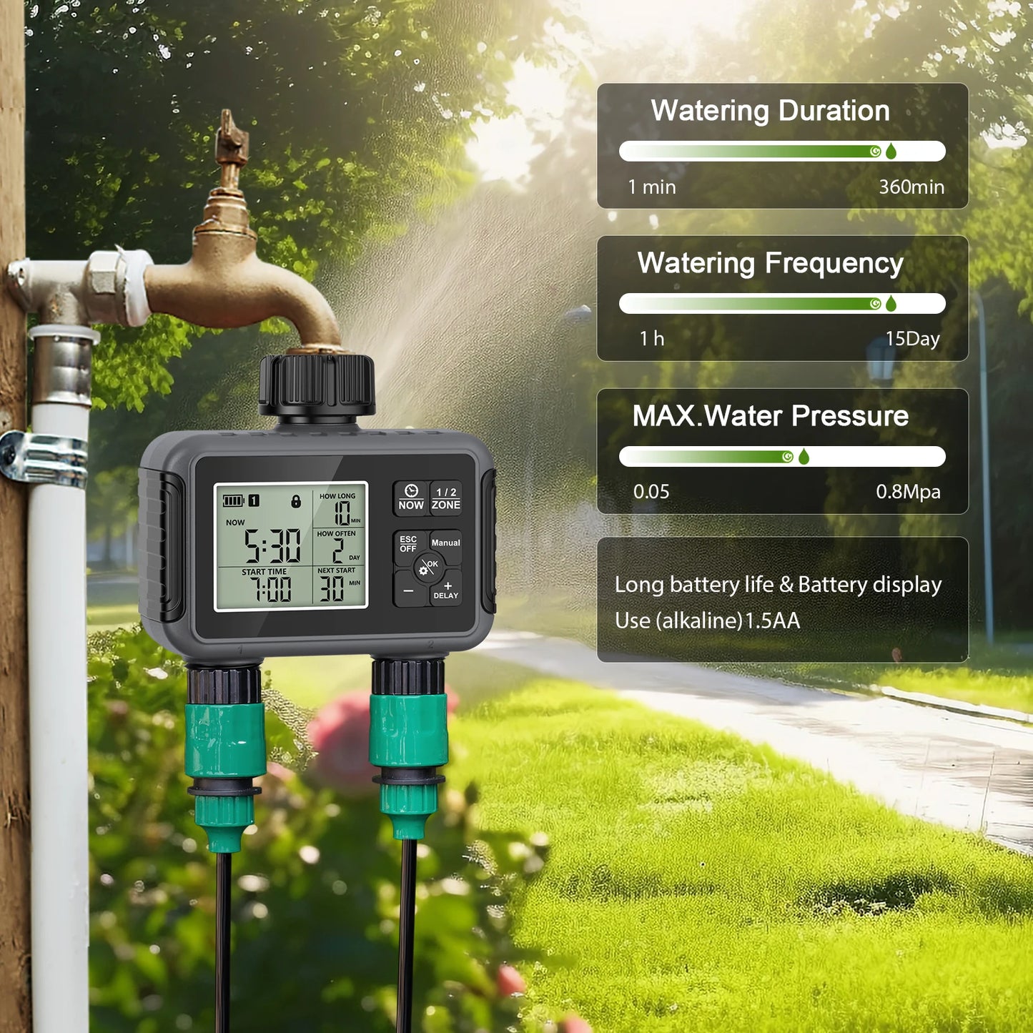 1PCS Outdoor Automatic Irrigation Fully Adjustable Program Super Timing System 2-Outlet Water Timer Precisely Watering Up Peaceful Pleasures Health and Wellness