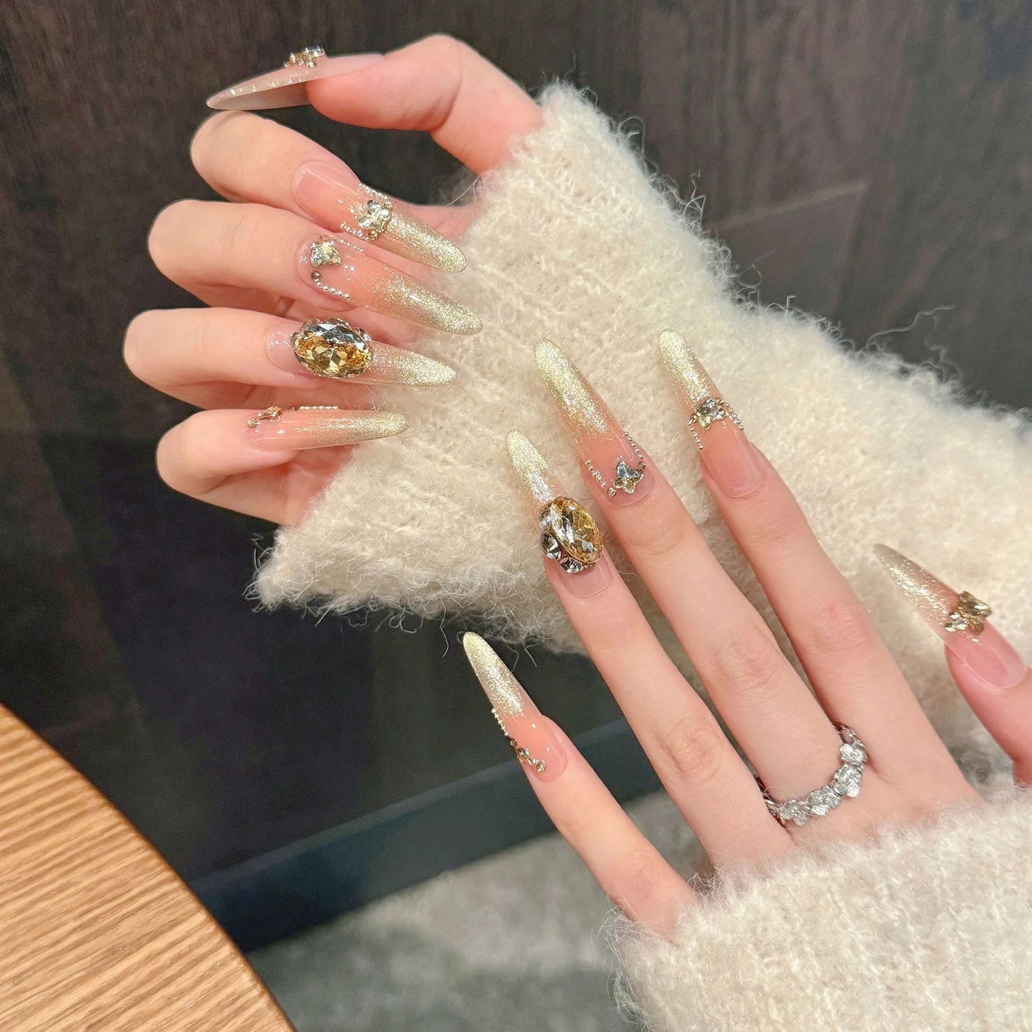 10PCS Handmade Press on Nails Champagne Zircon Diamond Almond Fake Nails Decor Wearable French Elegant Cat's Eye False Nails Art Peaceful Pleasures Health and Wellness