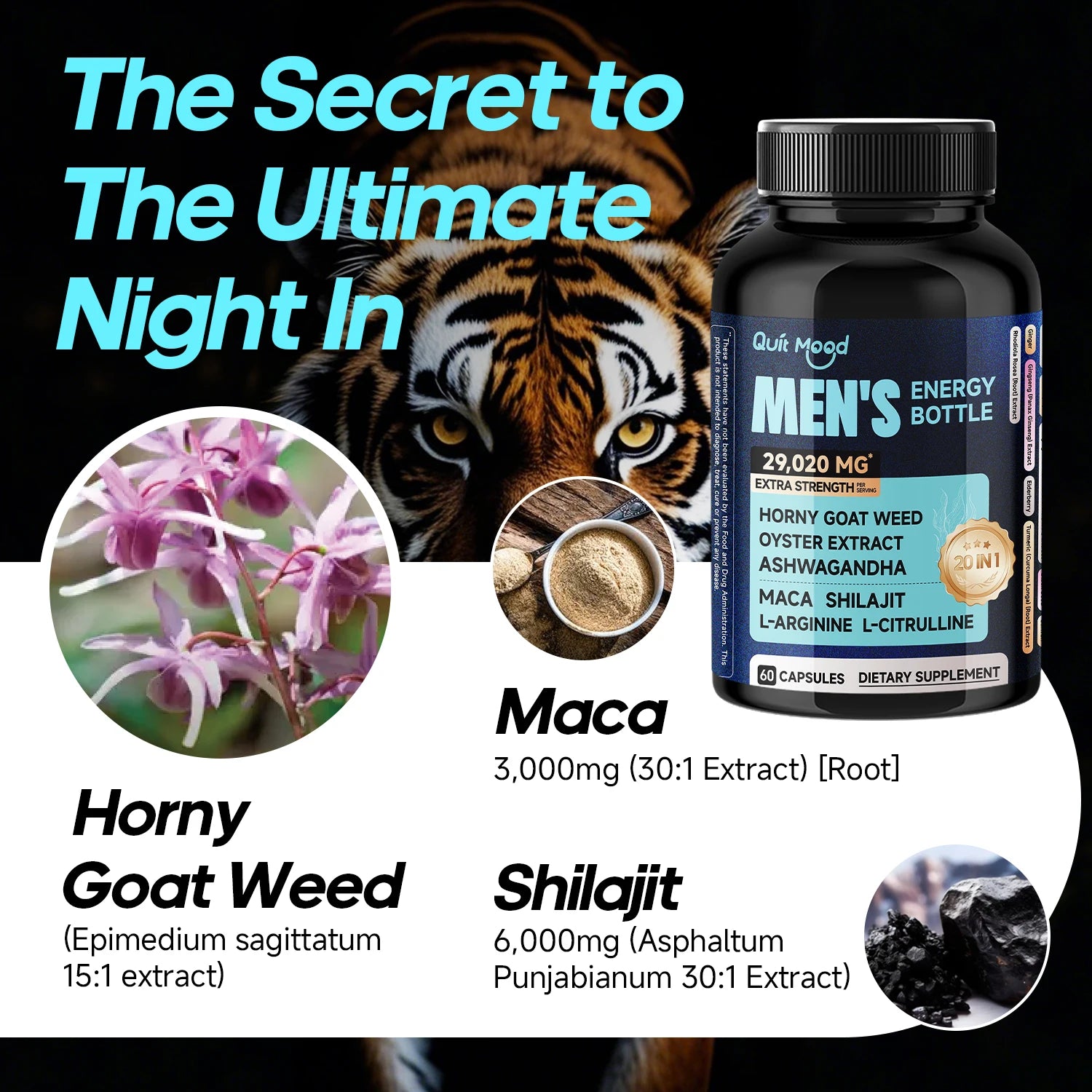 Quit mood Mighty Man Energy 20 in 1 Bottle - Enjoy the Power Every Moment, Horny Goat Weed 300mg, Oyster Extract 200mg, Maca 100 Peaceful Pleasures Health and Wellness