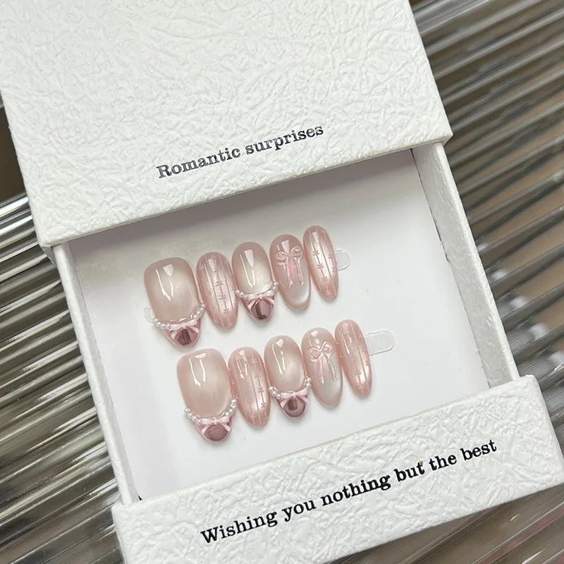 10pcs Handmade Sweet Bow Press on Nails Glass Bead Cat Eyes Design INS Korean Fake Nails Wearable French Almond False Nails Peaceful Pleasures Health and Wellness XS