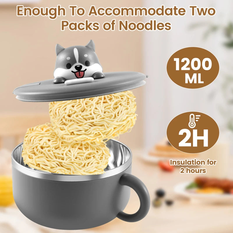 1200ml Ramen Bowl With Lid Stainless Steel Instant Noodle Cooker Fruit Salad Rice Soup Bowl Large Lunch Box Kitchen Accessories Peaceful Pleasures Health and Wellness