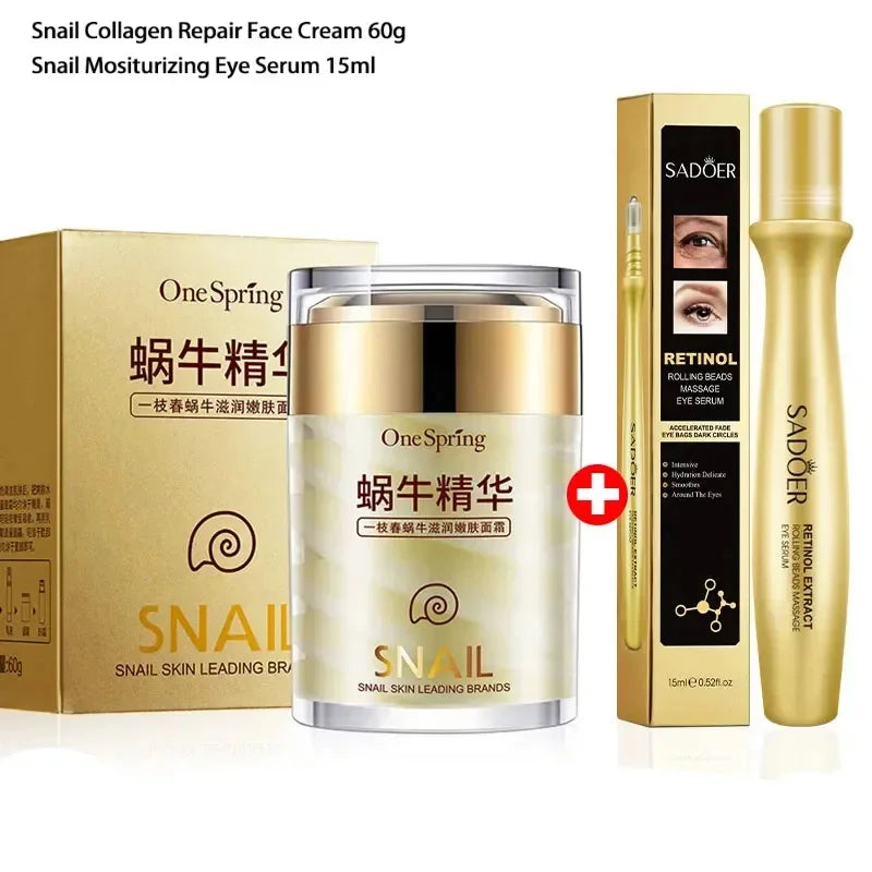Snail Anti Wrinkles Face Cream Anti Aging Firming Skin Retinol Eye Massage Roller Fade Dark Eye Circles Eye Bag Serum Products Peaceful Pleasures Health and Wellness Set