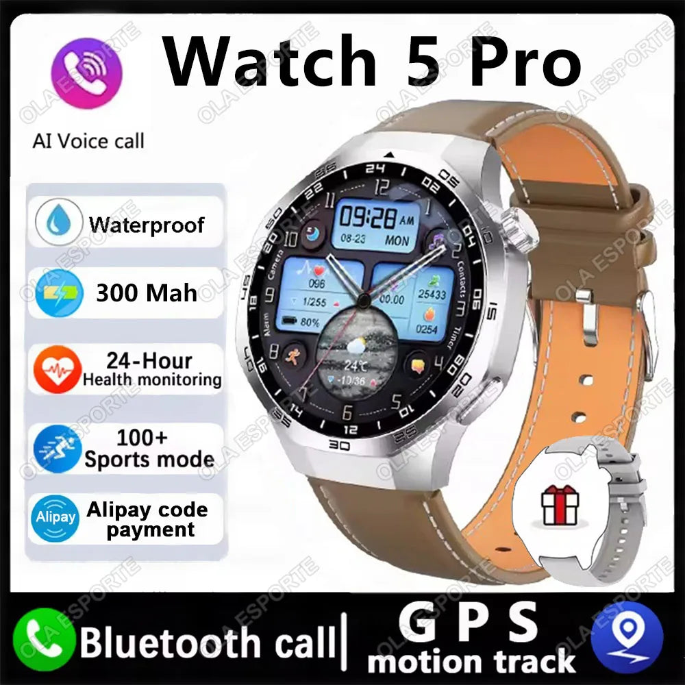 MA27 New Watch 5 Pro Smart Watch 1.53 Inch AMOLED Display Screen GPS Sports Tracker Smartwatch Men Women IP68 Waterproof Watches Peaceful Pleasures Health and Wellness Silver Br-Leather