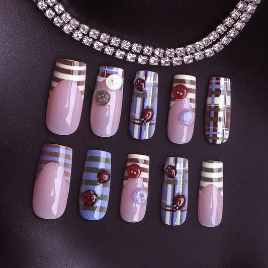 24pc 3D Ladybug Press On Nails – French Striped Y2K Style Press On Nails Peaceful Pleasures Health and Wellness style1