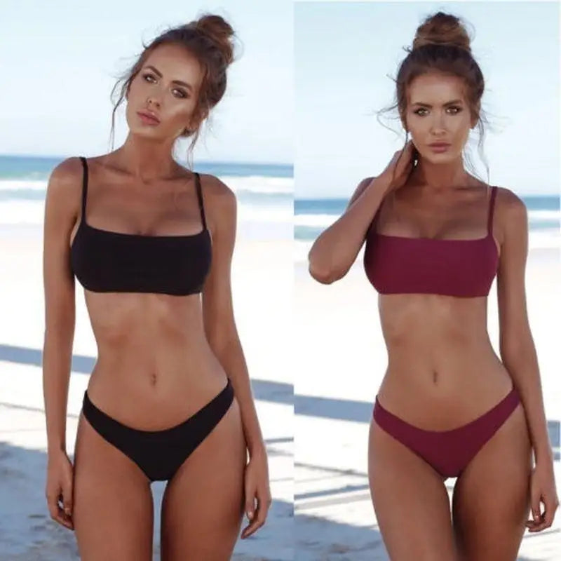 Women's Bikini Solid Two Swimsuit Sexy Spaghetti Strap Beach Swimwear