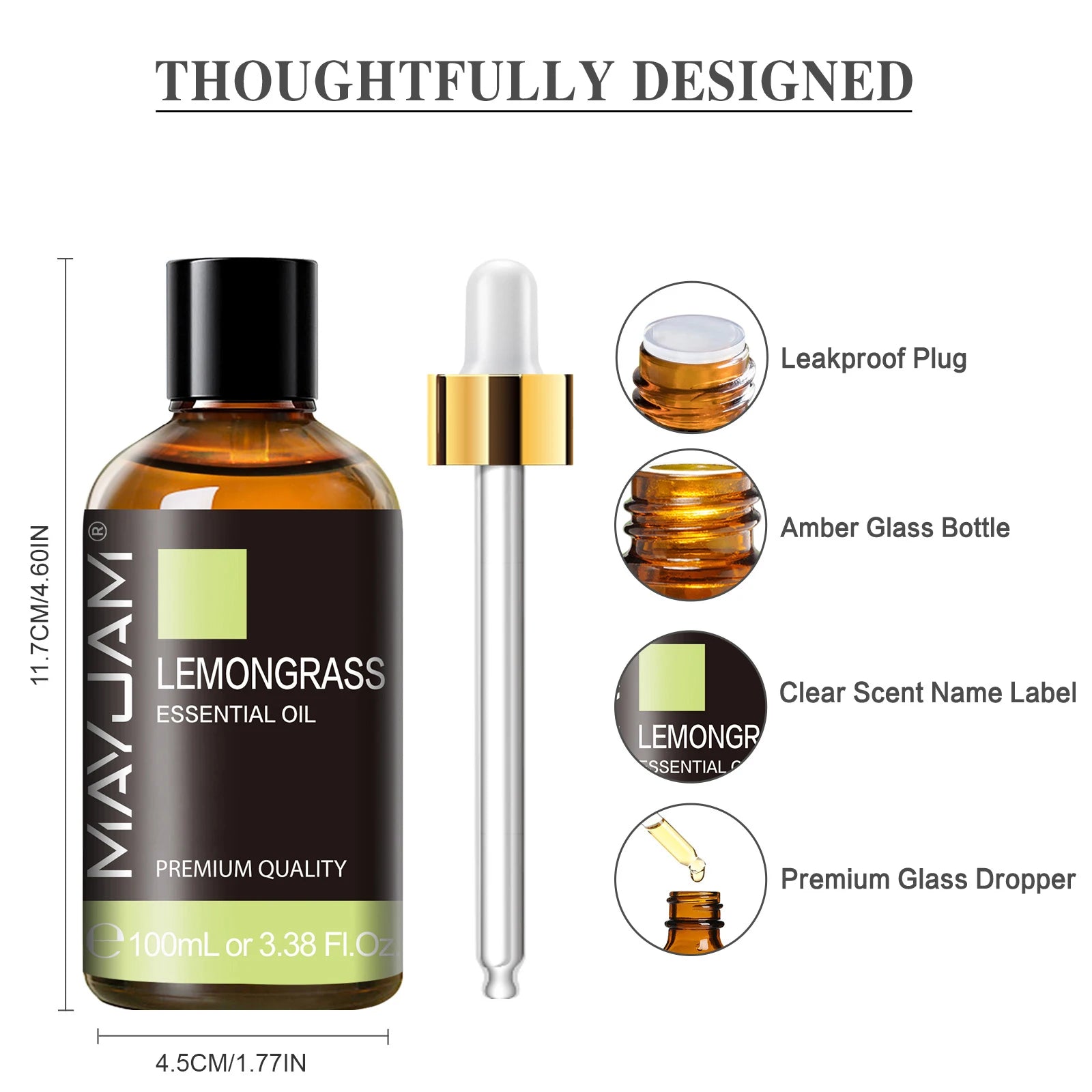 MayJam Lemongrass essential oil bottle with dropper and features highlighted on a white background