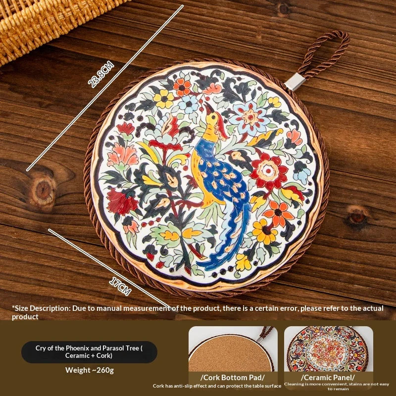 Vintage Heat Resistant Trivet Mat for Hot Pot Cast Cookware Enameled Dutch Oven Ceramic Dinnerware Tabletop Placemat Non-Slip Peaceful Pleasures Health and Wellness E Diameter 17cm