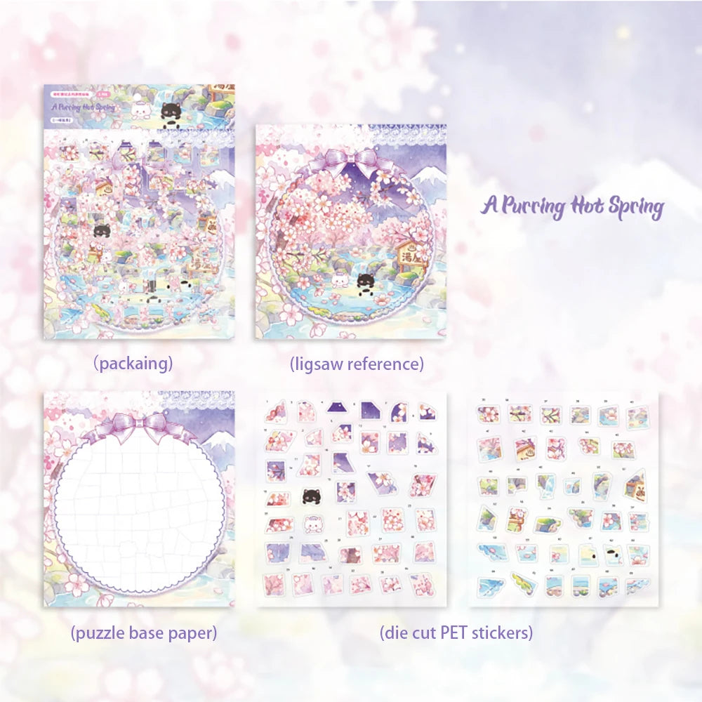 Cute Cat Cherry Blossom Rain Series Puzzle Stickers Four Theme