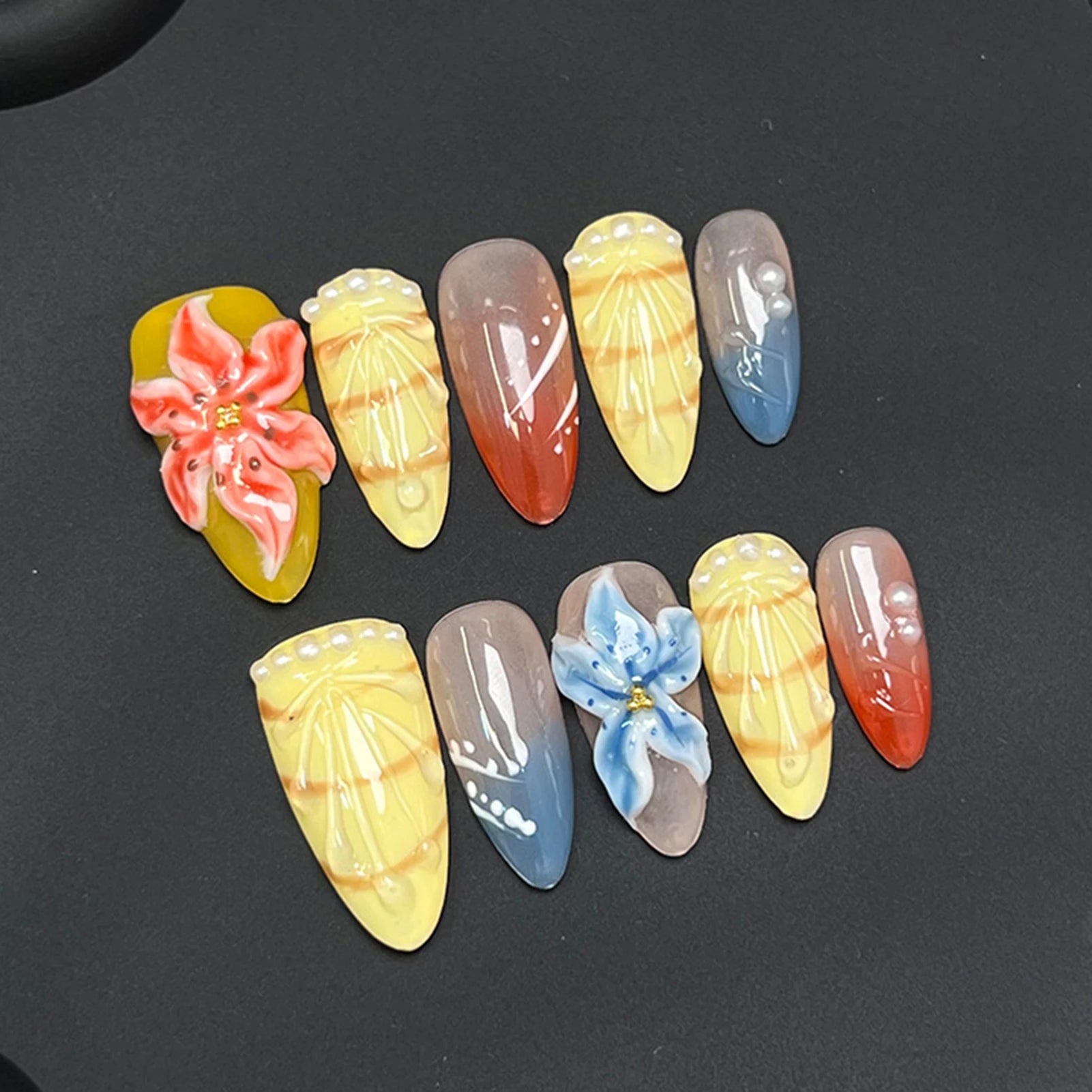 10pcs Handmade Dopamine Press on Nails French Style 3D Tropical Flower Decor Fake Nails Wearable Romantic Almond False Nail Tips Peaceful Pleasures Health and Wellness
