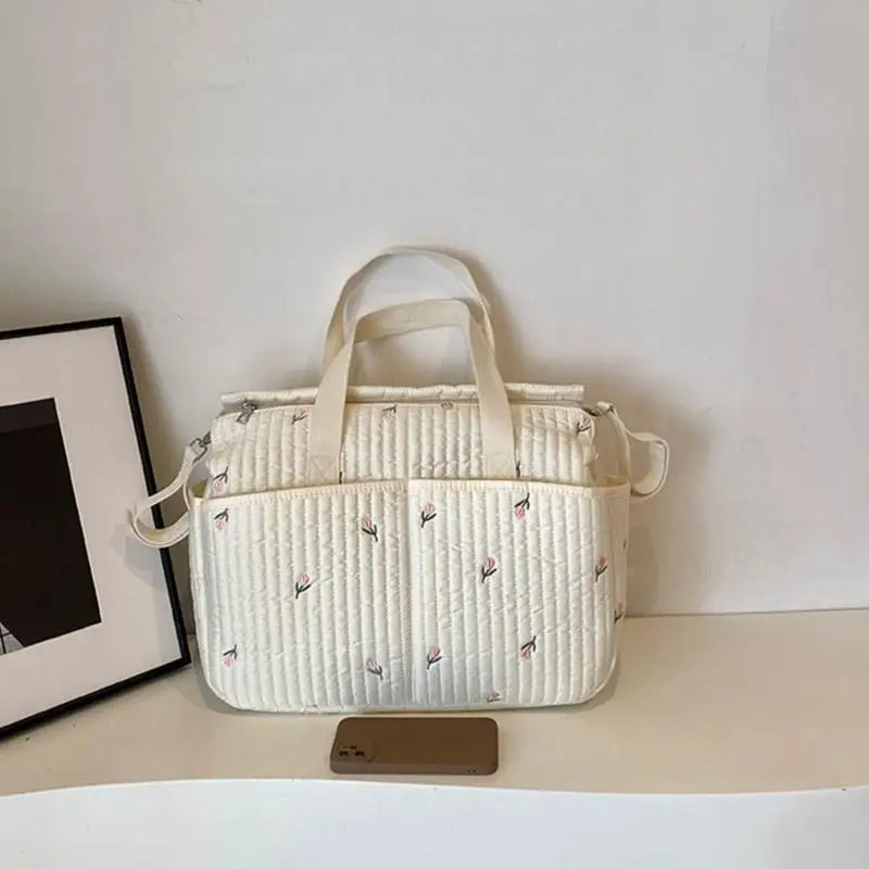 Floral & Bear Embroidery Baby Diaper Bag – Stylish Mom Handbag