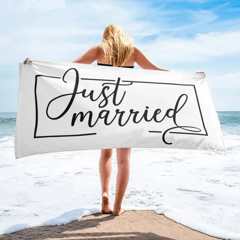 Just Married Mr Mrs bride groom Wife Husband Beach Towel Newlywed couple Honeymoon Vacation Wedding Gift present Photo props Peaceful Pleasures Health and Wellness