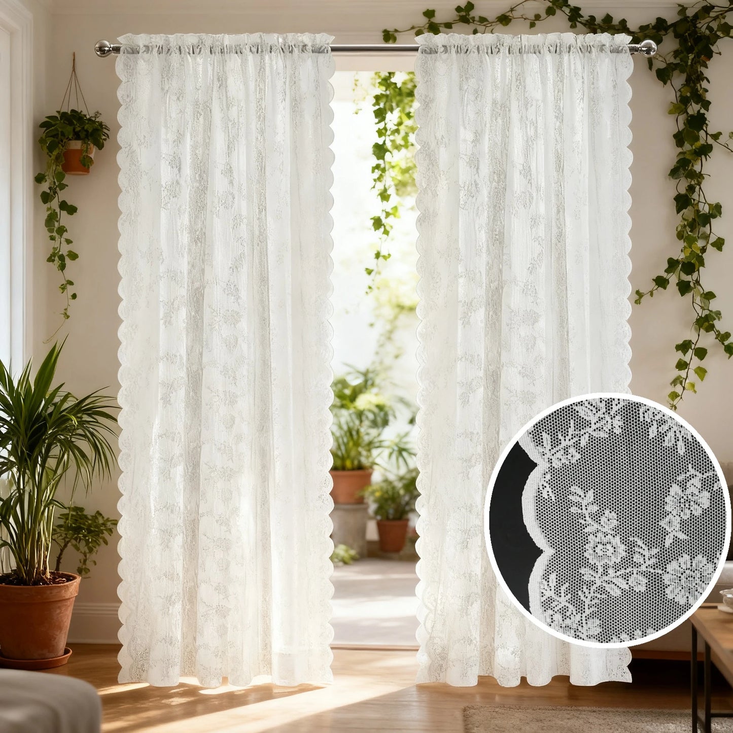 White Floral Lace Sheer Curtains | Rod Pocket Voile Drapes