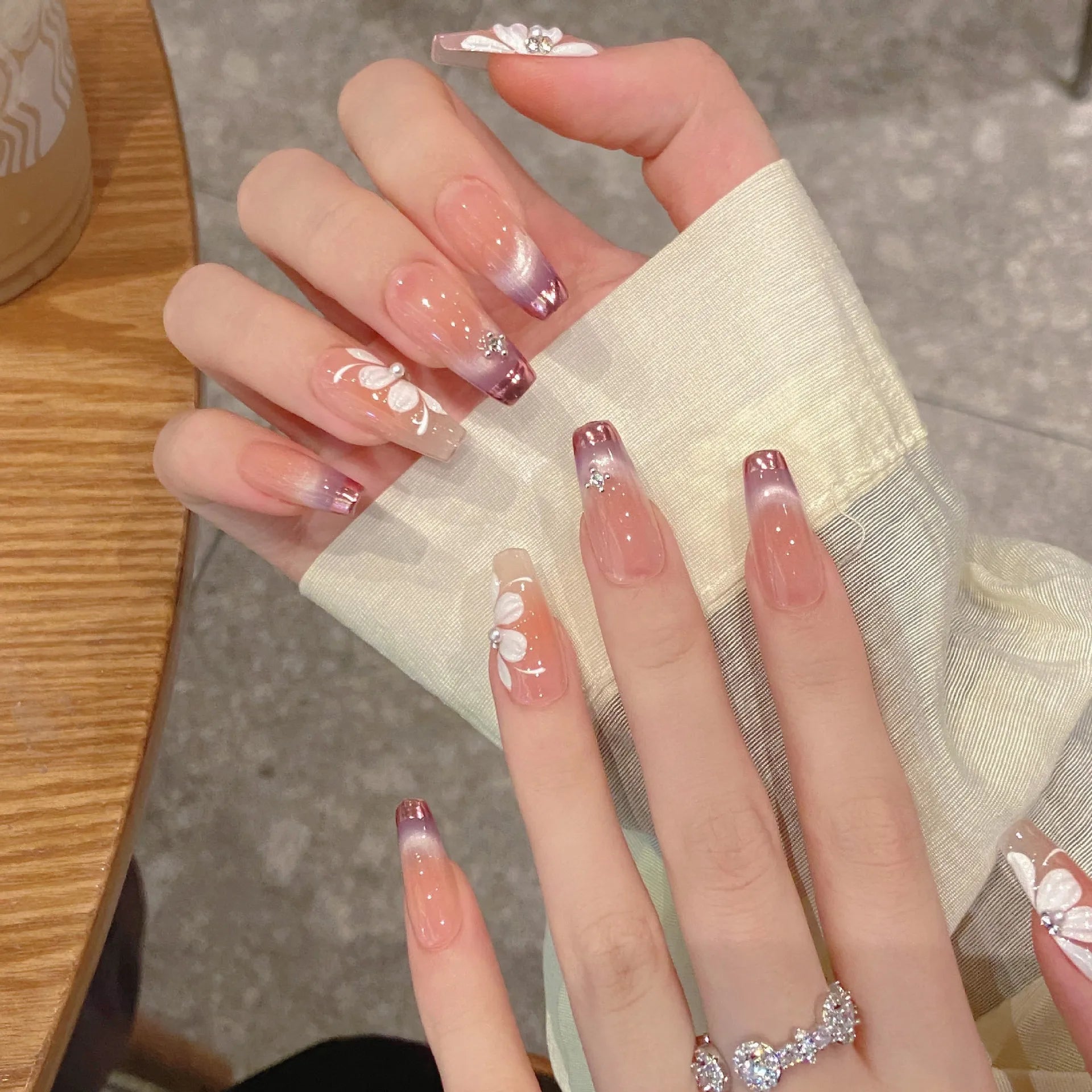 10pcs Handmade Press on Nails Sweet Petal Print French Cat Eye Fake Nails Wearable Spring Summer Korean Sweet Fake Nails Peaceful Pleasures Health and Wellness