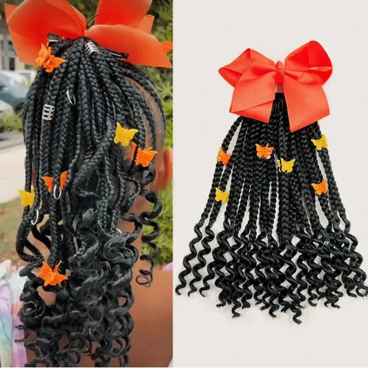 Kids Braided Ponytail with Beads and Bow Kids Hair Extension Ponytail with Curly End for Girls Black Girl Hair Accessories Peaceful Pleasures Health and Wellness