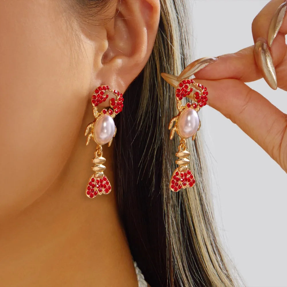 Lobster Drop Earrings – Enamel & Crystal Zircon Ocean Jewelry