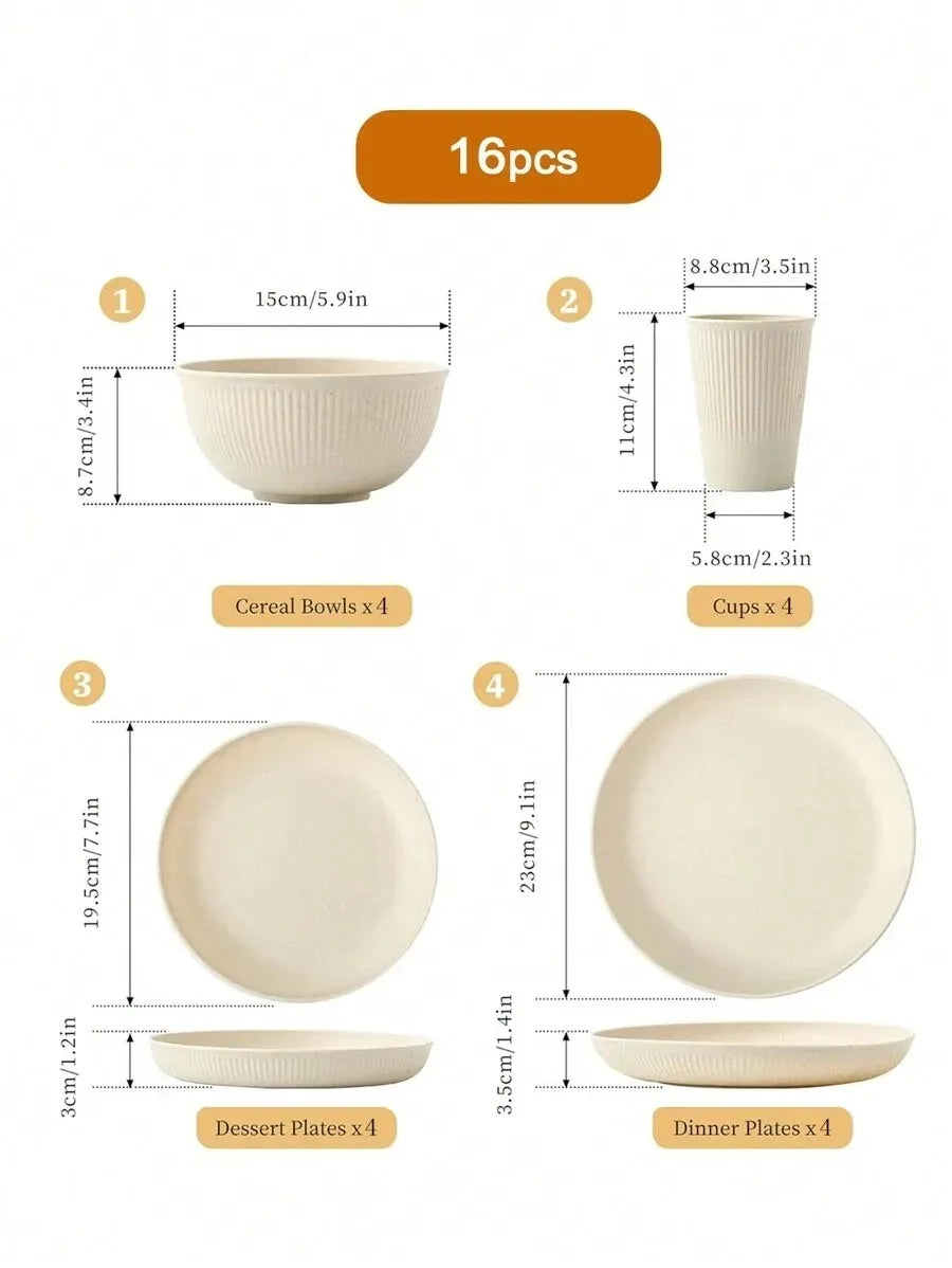 4/8/16pcs Plastic Dinnerware Set Reusable Cup Plate and Bowl Set Suitable for Camper Camping Picnic Dormitory Beige Peaceful Pleasures Health and Wellness 16pcs