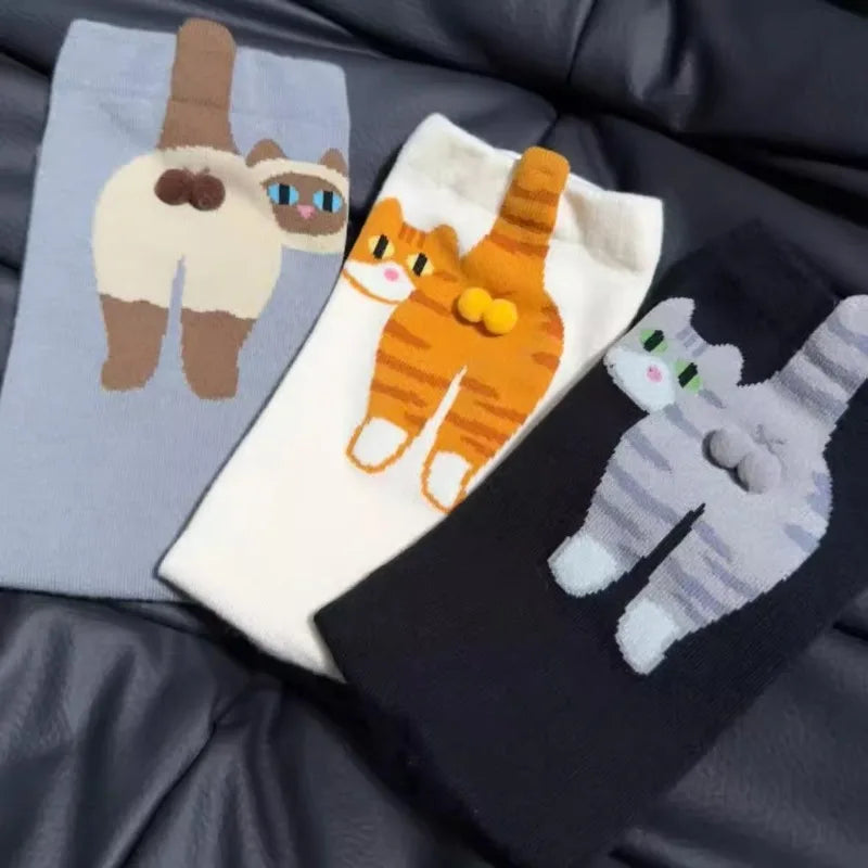 3D Cat Butt Cartoon Socks – Funny Novelty Cotton Mid Socks