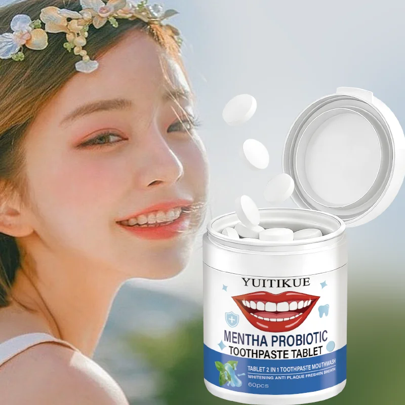 Yuitikue Mentha Probiotic Toothpaste Tablets, 2-in-1 Whitening Toothpaste & Mouthwash for Anti-Plaque & Fresh Breath, 60pcs Peaceful Pleasures Health and Wellness