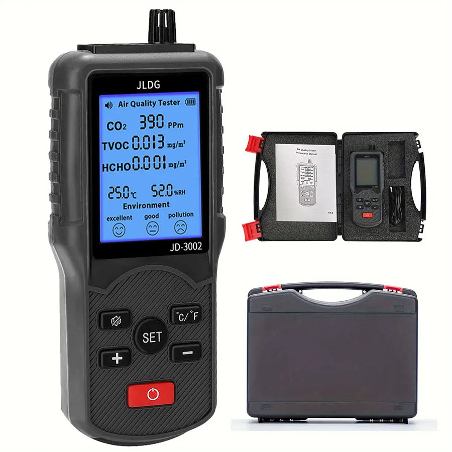Air Quality Monitor CO2 TVOC Temperature Humidity Detector Professional Industrial Grade Air Testing Equipment Peaceful Pleasures Health and Wellness JD-3002