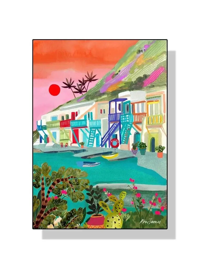 Nordic Flowers Mountain Lake Colorful Nature Landscape Travel Poster Canvas Print - Abstract Wall Art for Room Home Decor Peaceful Pleasures Health and Wellness