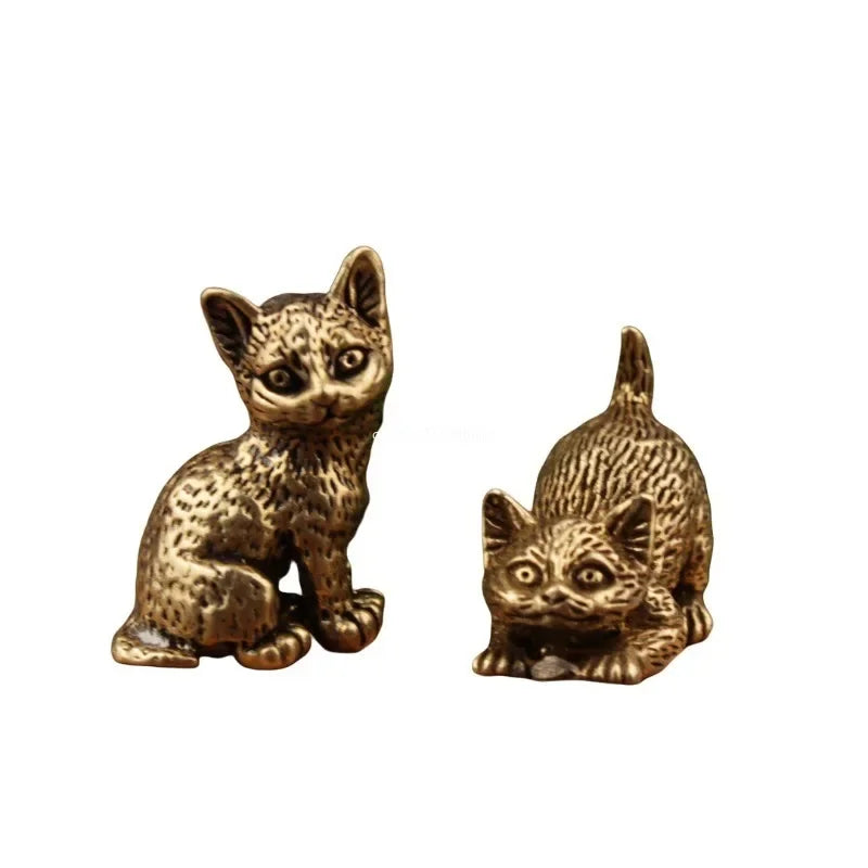 Mini Brass Cute Cats Figurines Miniatures Desktop Ornaments Classical Small Animal Tea Pet Home Decors Accessories Fairy Garden Peaceful Pleasures Health and Wellness