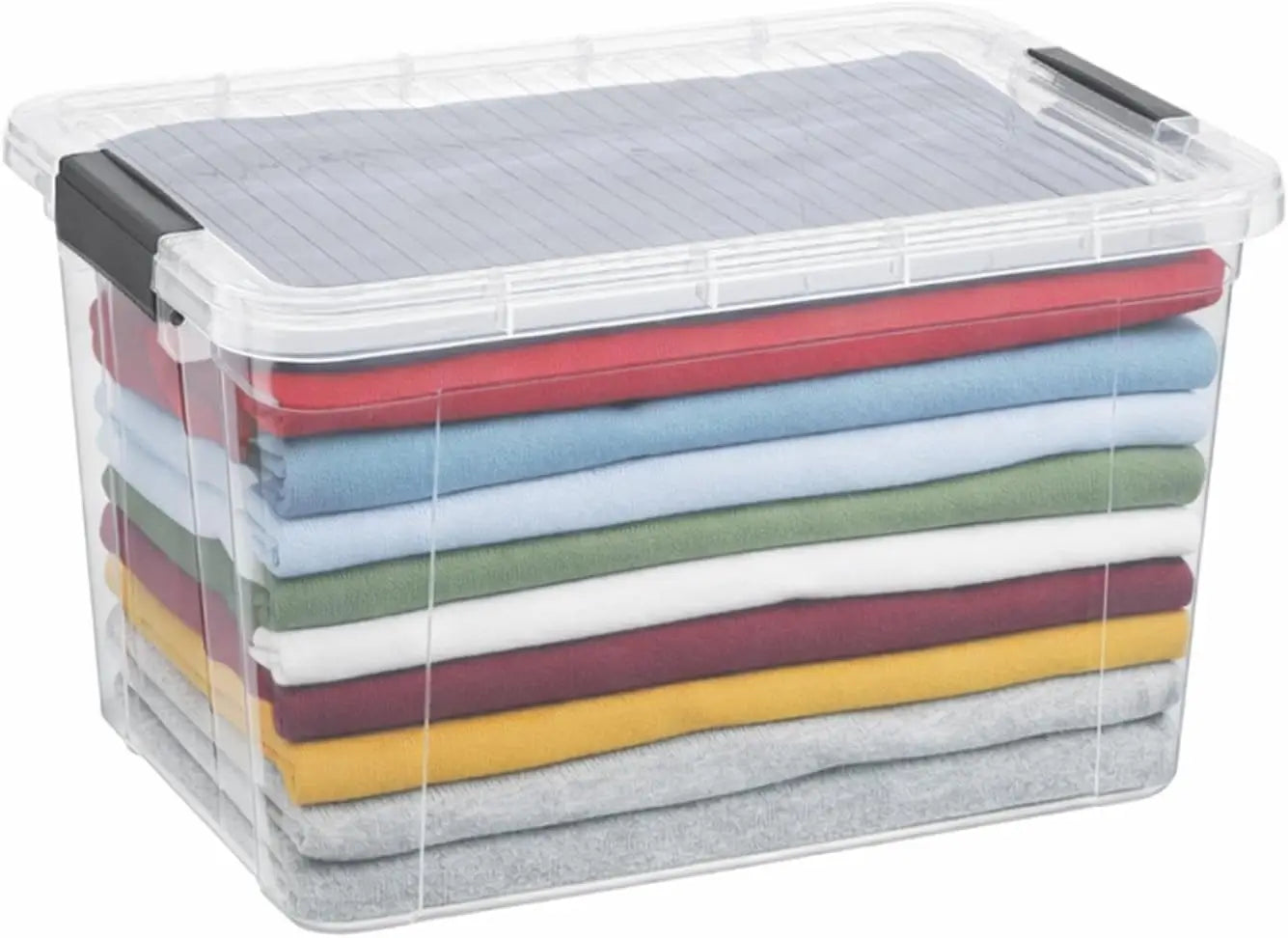Clear storage box with colorful folded clothes inside